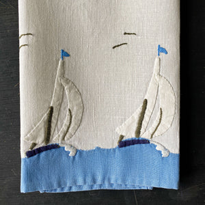 Vintage Embroidered Sailboat Tea Towel circa 1950s