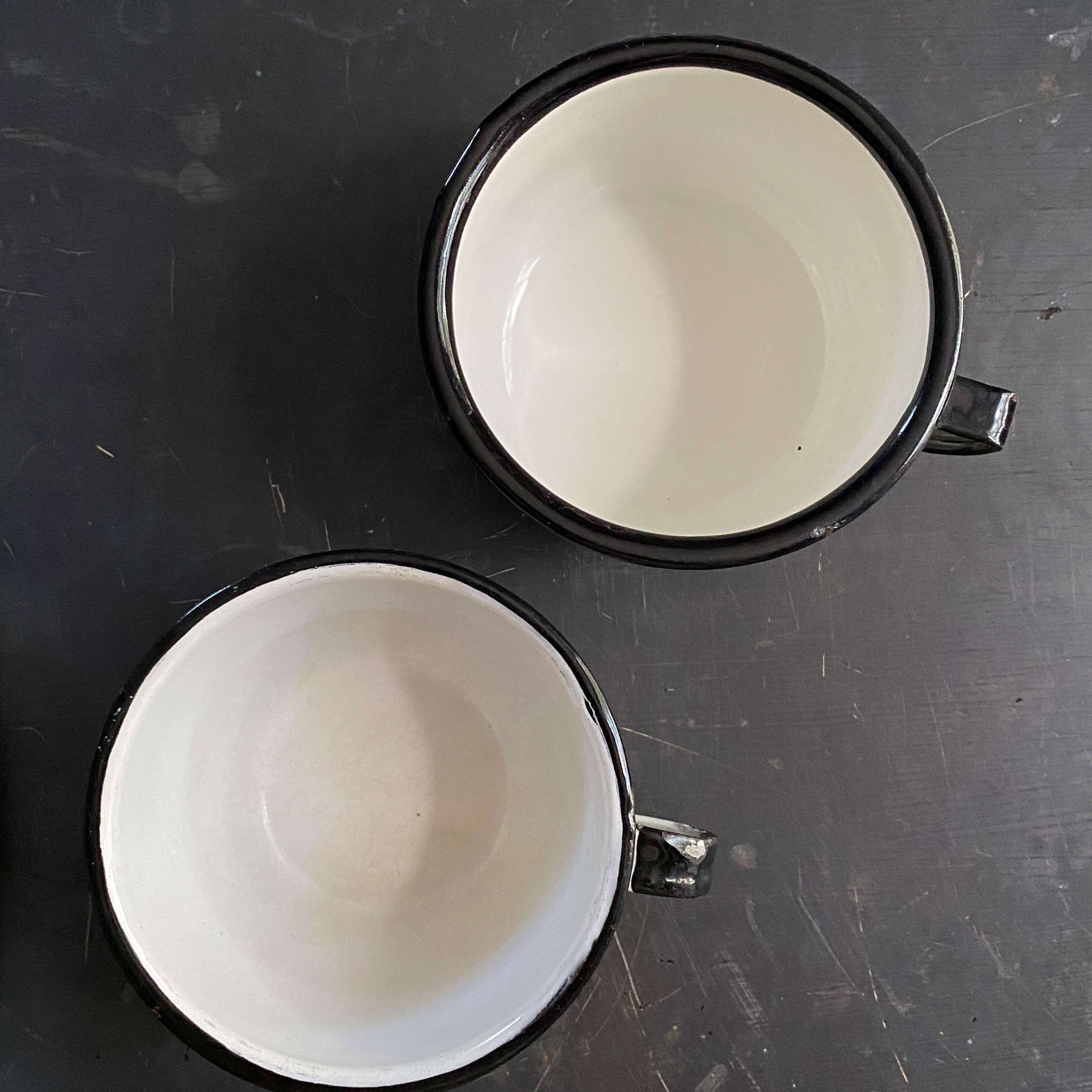 Vintage Black & White Enamelware Cups - Set of Two