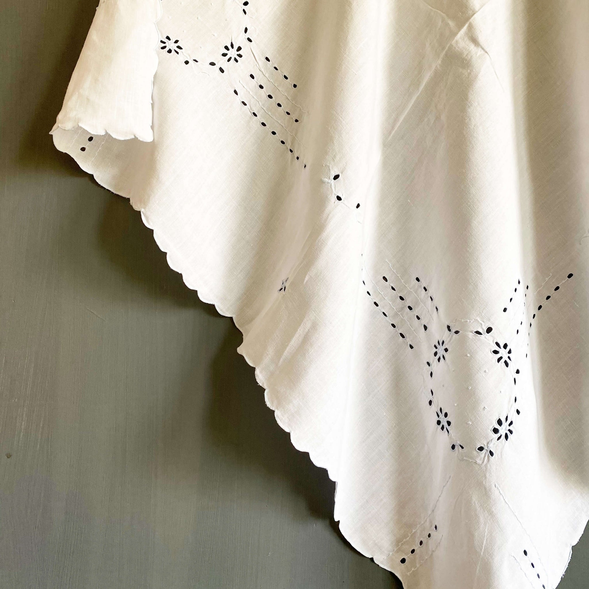 Vintage Embroidered Bridge Tablecloth with Broderie Eyelet Cutwork and French Knot Embroidery