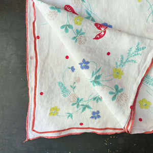 Vintage Linen Tablecloth with Butterflies Dots & Flowers -  30x52 - Red White Blue Green Yellow
