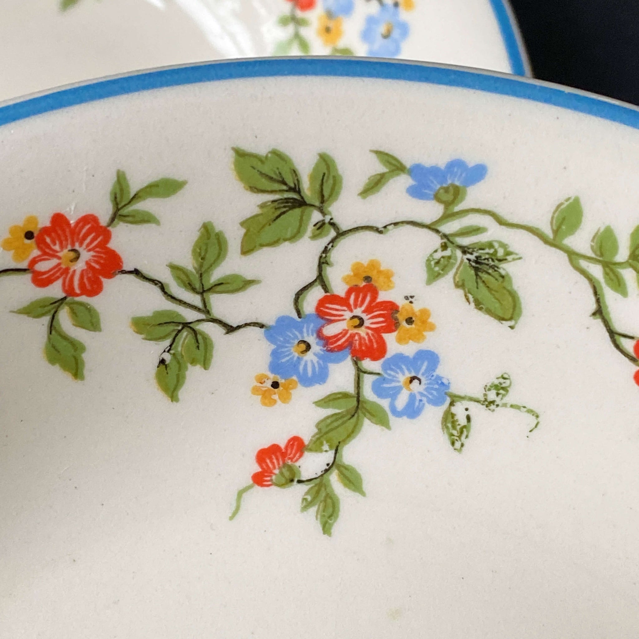 Vintage 1930s Blue Red and Yellow Floral Berry Bowls  - Camwood Ivory Universal Potteries Berry Bowls Set of Four