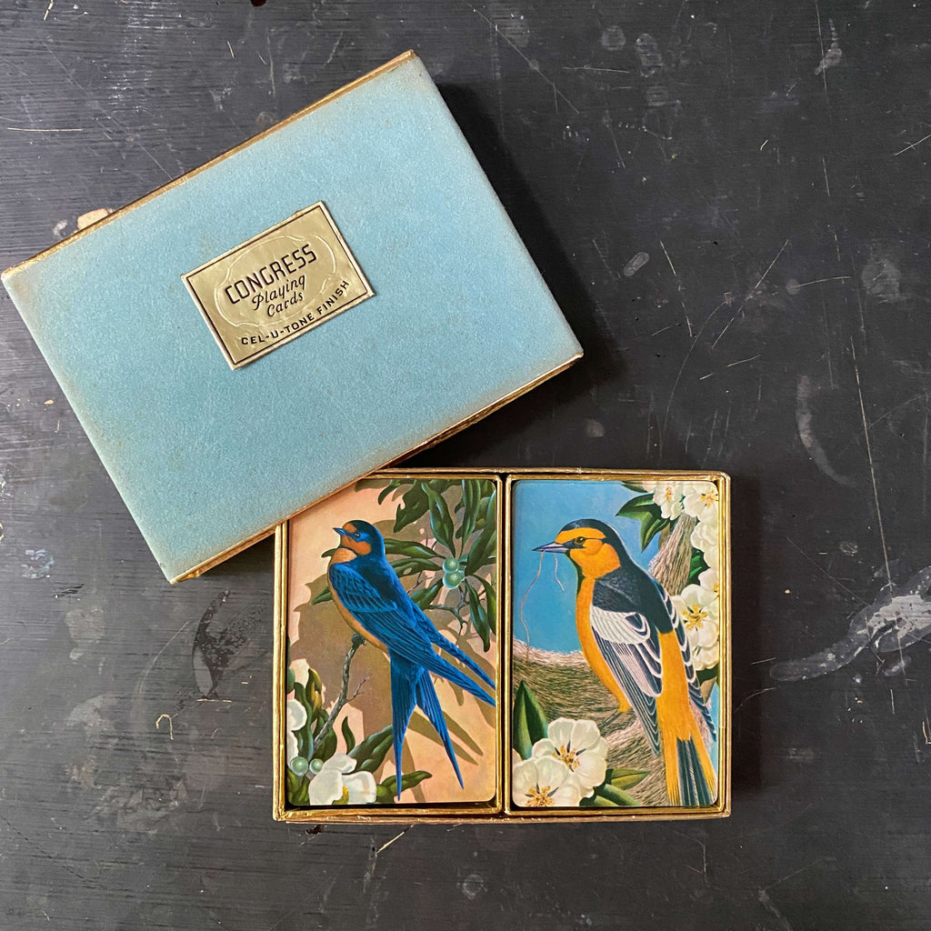 Vintage 1970s Playing Cards with Bird Design in Congress Box - Two Complete Decks