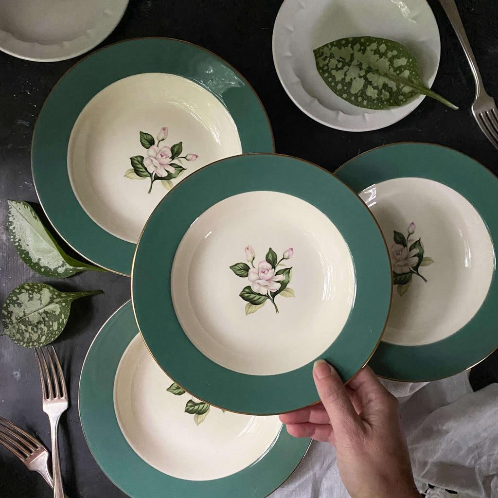 Vintage 1950s Homer Laughlin Century Service Corporation Emerald Pattern Rimmed Soup Bowls - Set of 4