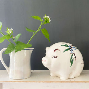 Vintage Handpainted Ceramic Piggy Bank Pig with Blue Flowers