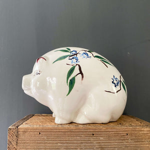 Vintage Handpainted Ceramic Piggy Bank Pig with Blue Flowers