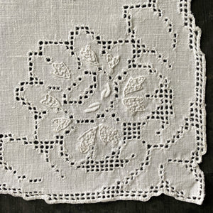 Vintage White Linen Dinner Napkins with Hemstitched Drawn Work and Corner Design - Set of Two