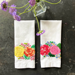 Vinatge Emboidered Floral Tea Towels - Set of Two - Pink Yellow and Orange Flowers Cottage Style