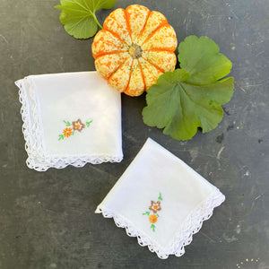 Vintage Embroidered Cocktail Napkins with Autumn Flowers - Pair of Two