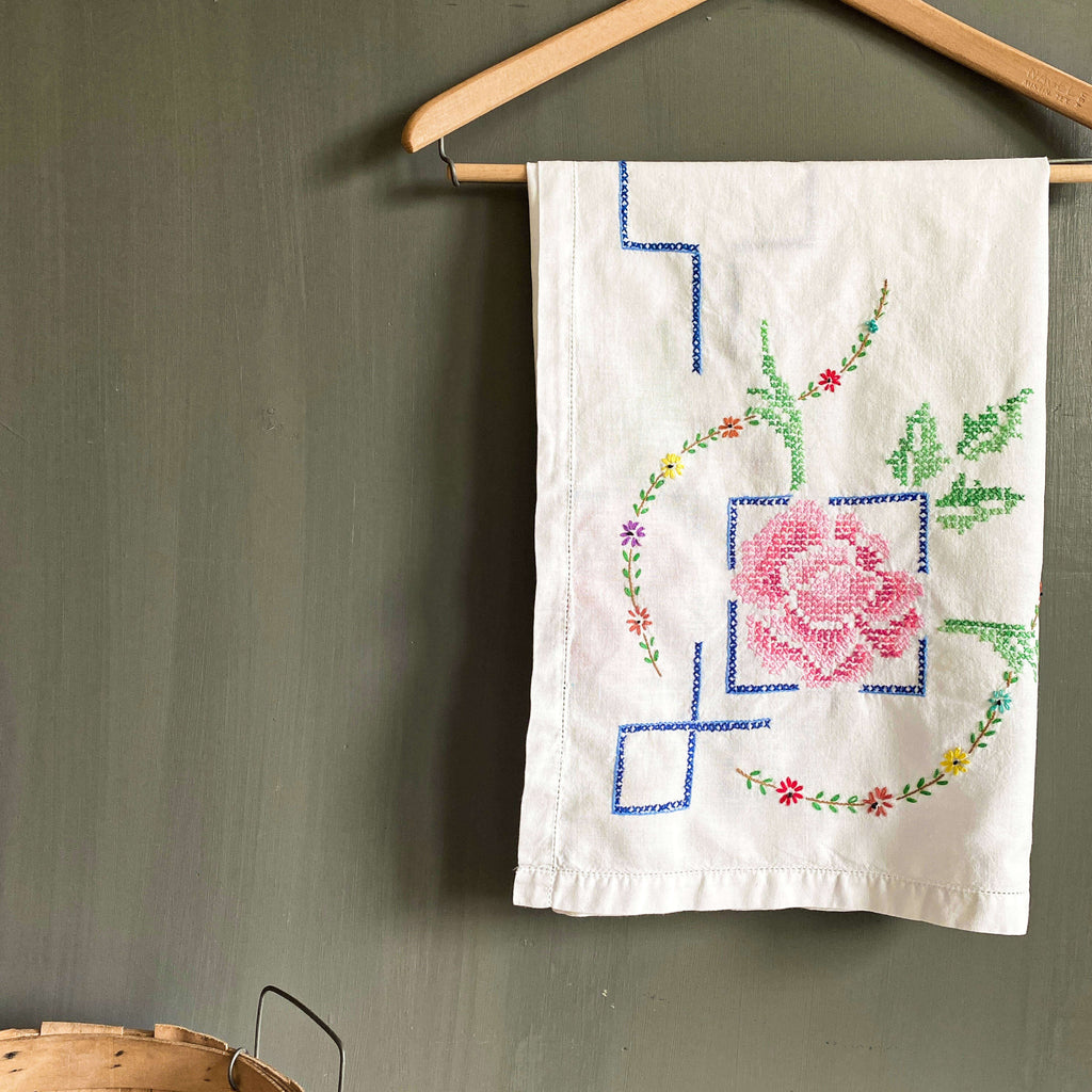 Vintage Embroidered Square Tablecloth 32x34 Cross Stitch Roses & Florals