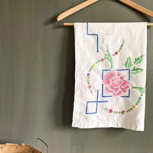 Vintage Embroidered Square Tablecloth 32x34 Cross Stitch Roses & Florals