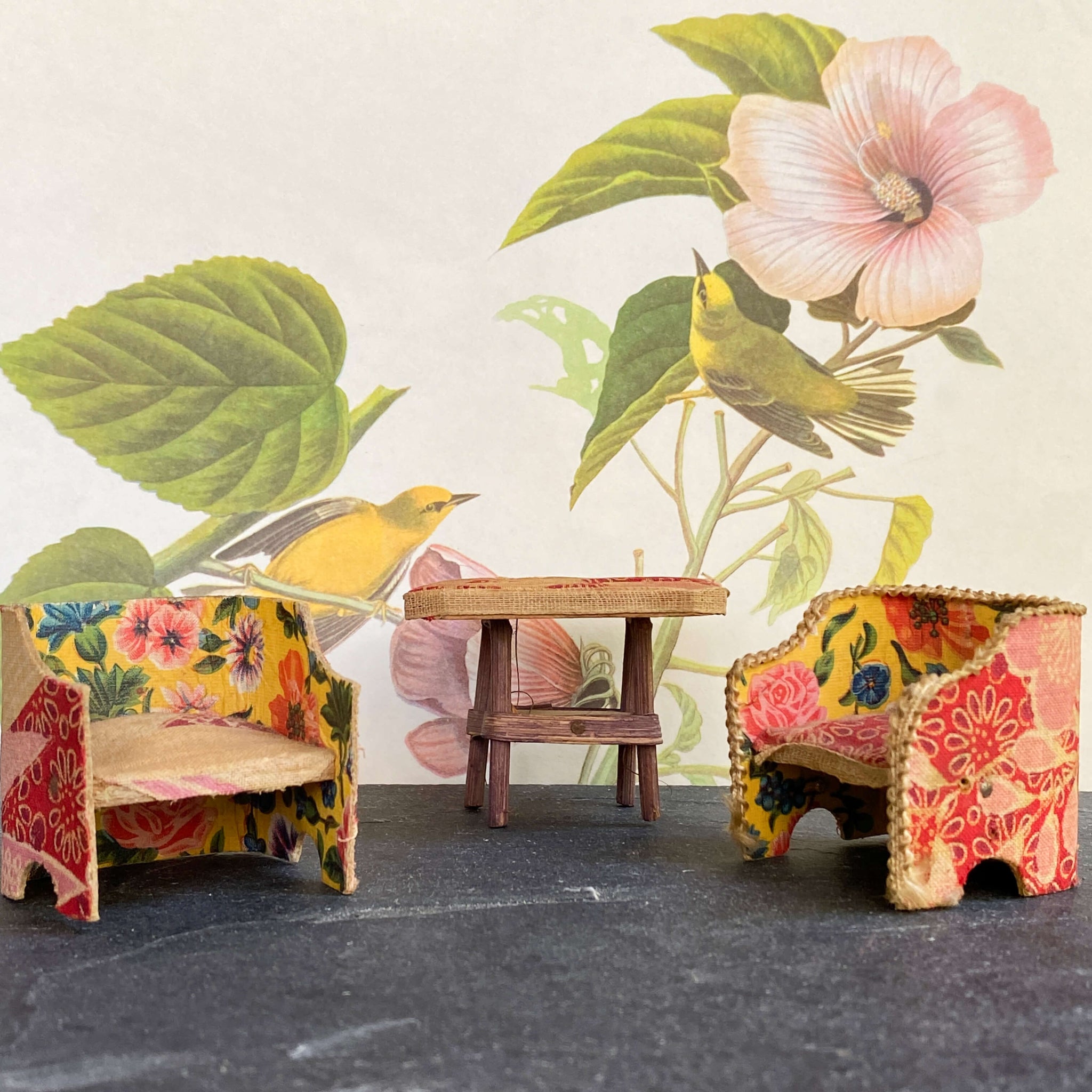 Vintage 1970s Dollhouse Furniture - Floral Fabric & Wood Design Made in Japan