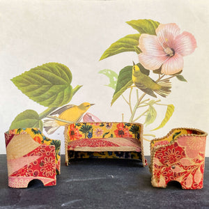 Vintage 1970s Dollhouse Furniture - Floral Fabric & Wood Design Made in Japan