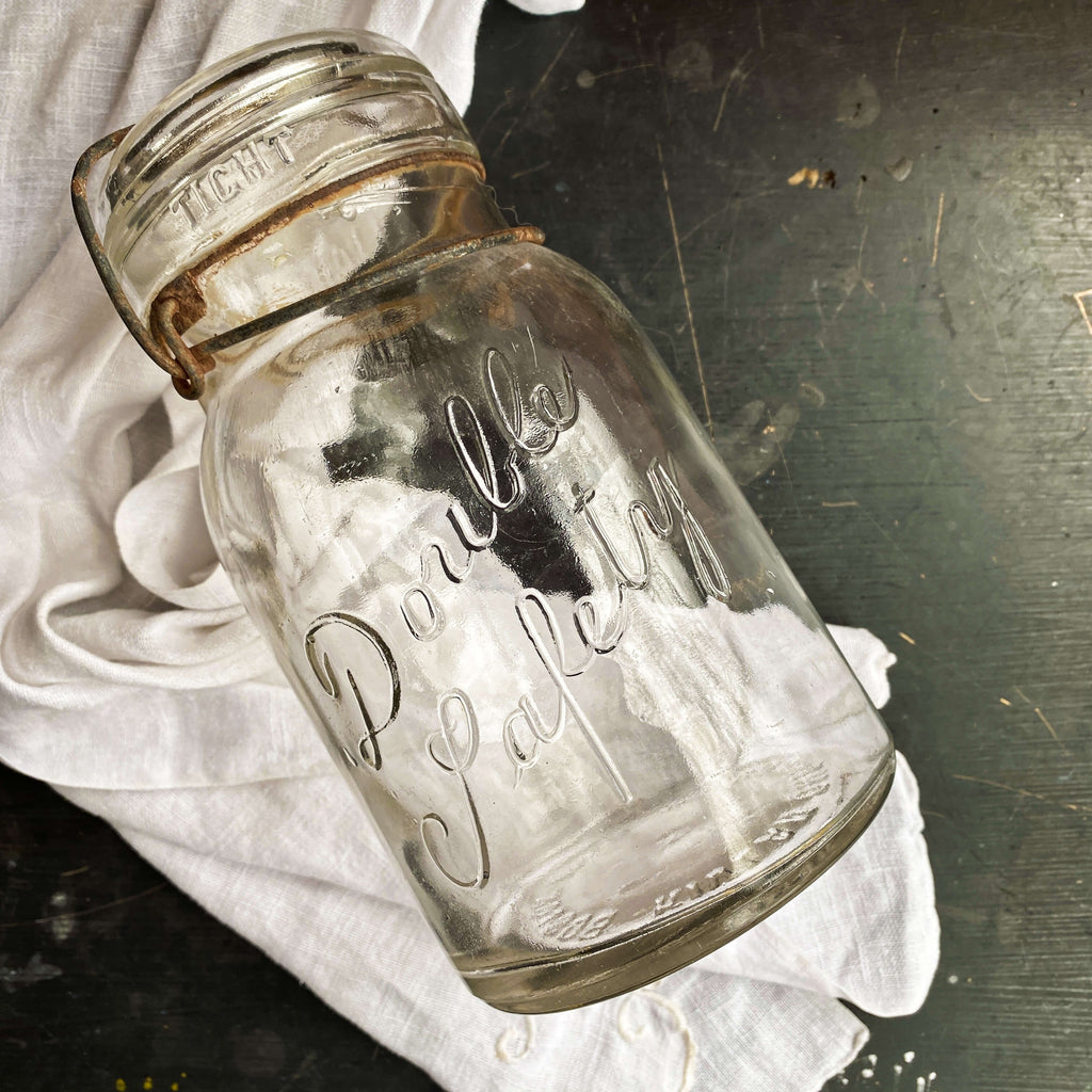 Vintage 1920s One Quart Glass Canning Jar - Double Safety Kivlan Onthank with Glass Lid & Wire Bail Closure