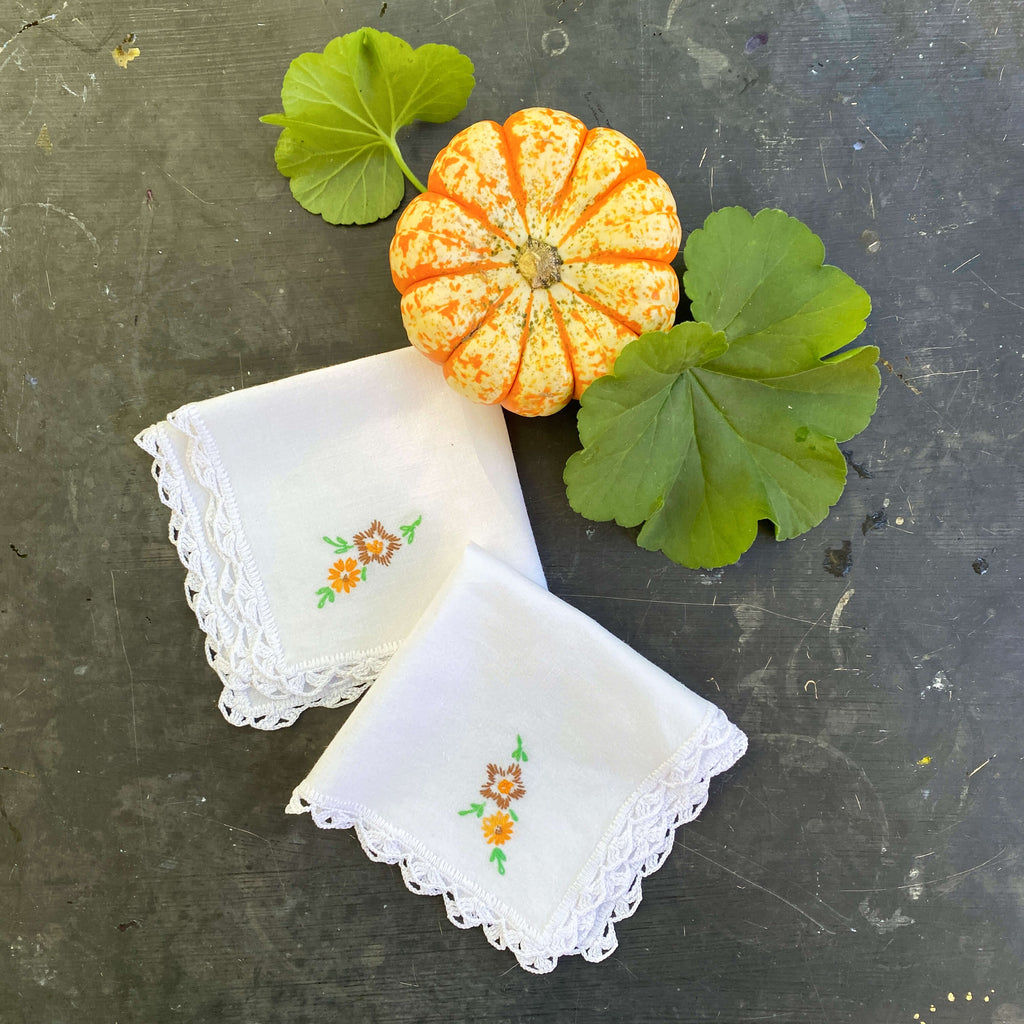 Vintage Embroidered Cocktail Napkins with Autumn Flowers - Pair of Two