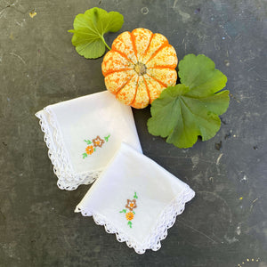Vintage Embroidered Cocktail Napkins with Autumn Flowers - Pair of Two