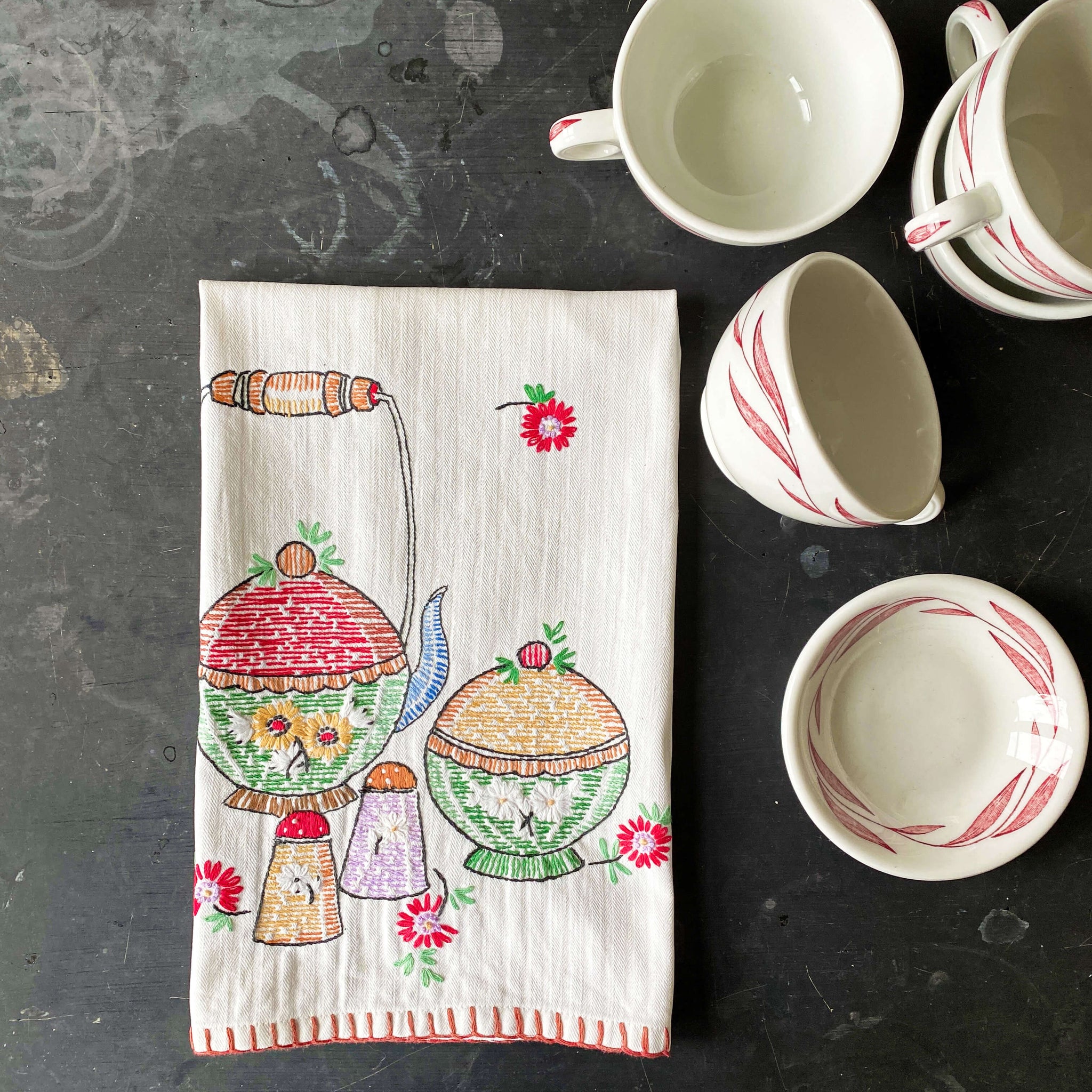 Vintage Embroidered Teapot Tea Towel