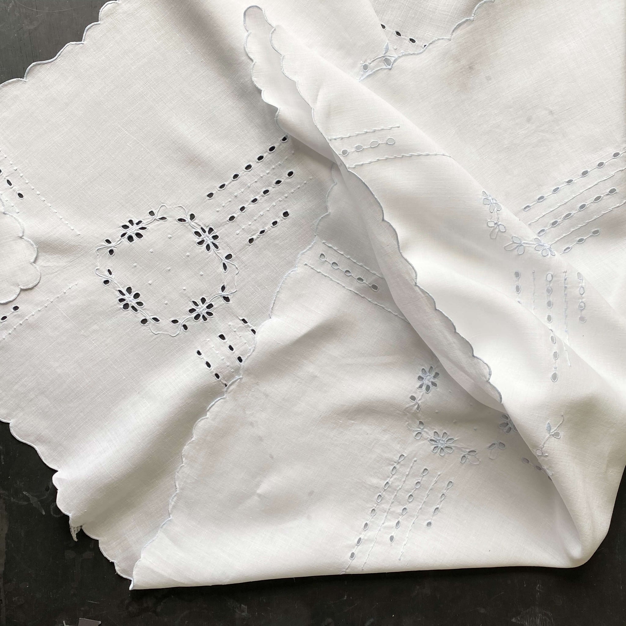 Vintage Embroidered Bridge Tablecloth with Broderie Eyelet Cutwork and French Knot Embroidery
