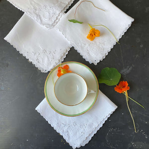 Vintage Embroidered Luncheon Napkins with Broderie Eyelet Flowers and French Knot Design- Set of Four