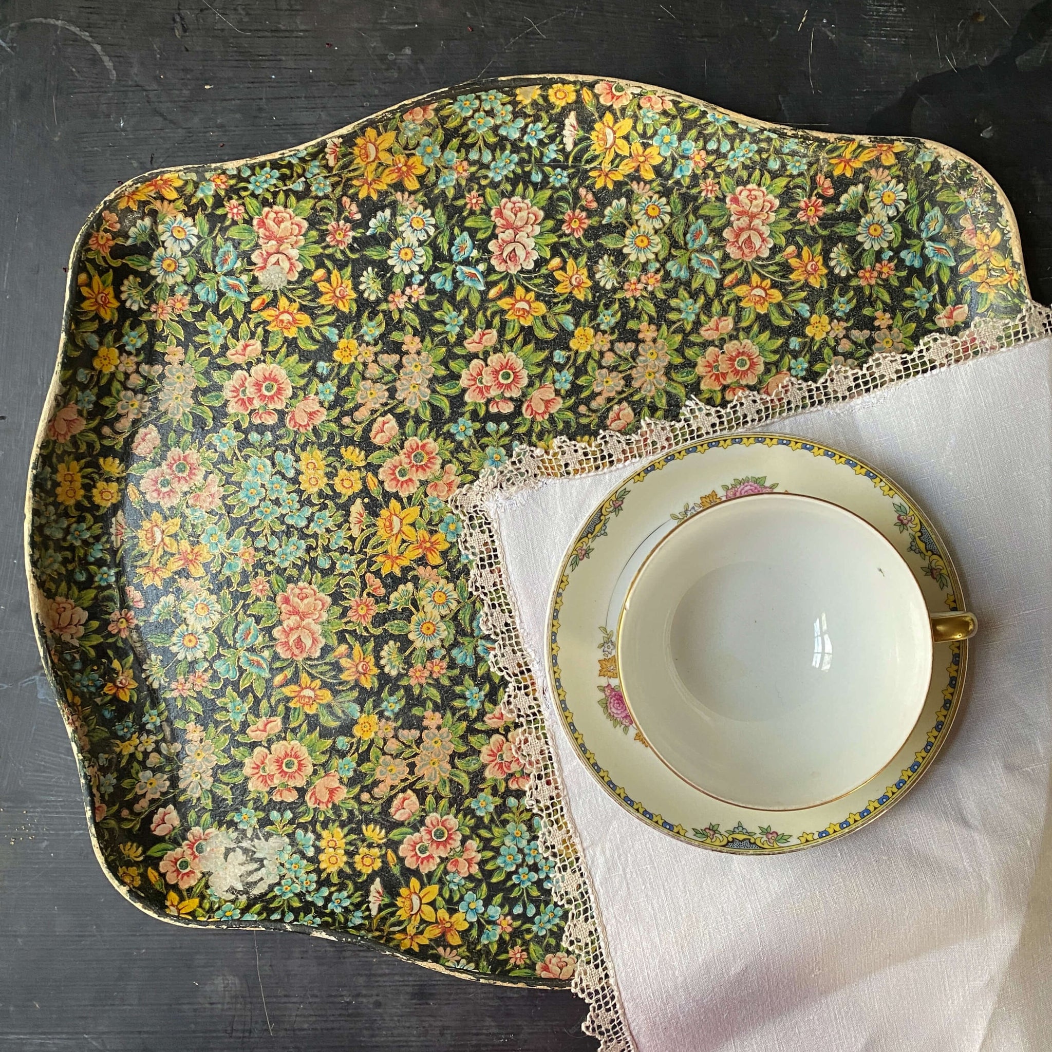 Vintage Midcentury Paper Mache Tray - Black Floral Chintz by Highmount Quality circa 1960s