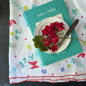 Vintage Linen Tablecloth with Butterflies Dots & Flowers -  30x52 - Red White Blue Green Yellow