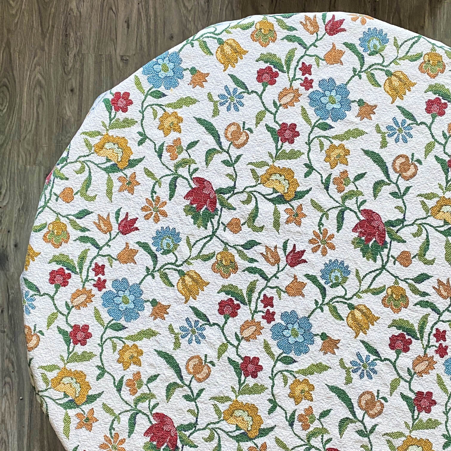 Vintage Round Floral Tablecloth Picnic Blanket - Red Blue Yellow Flowers - 64" inches