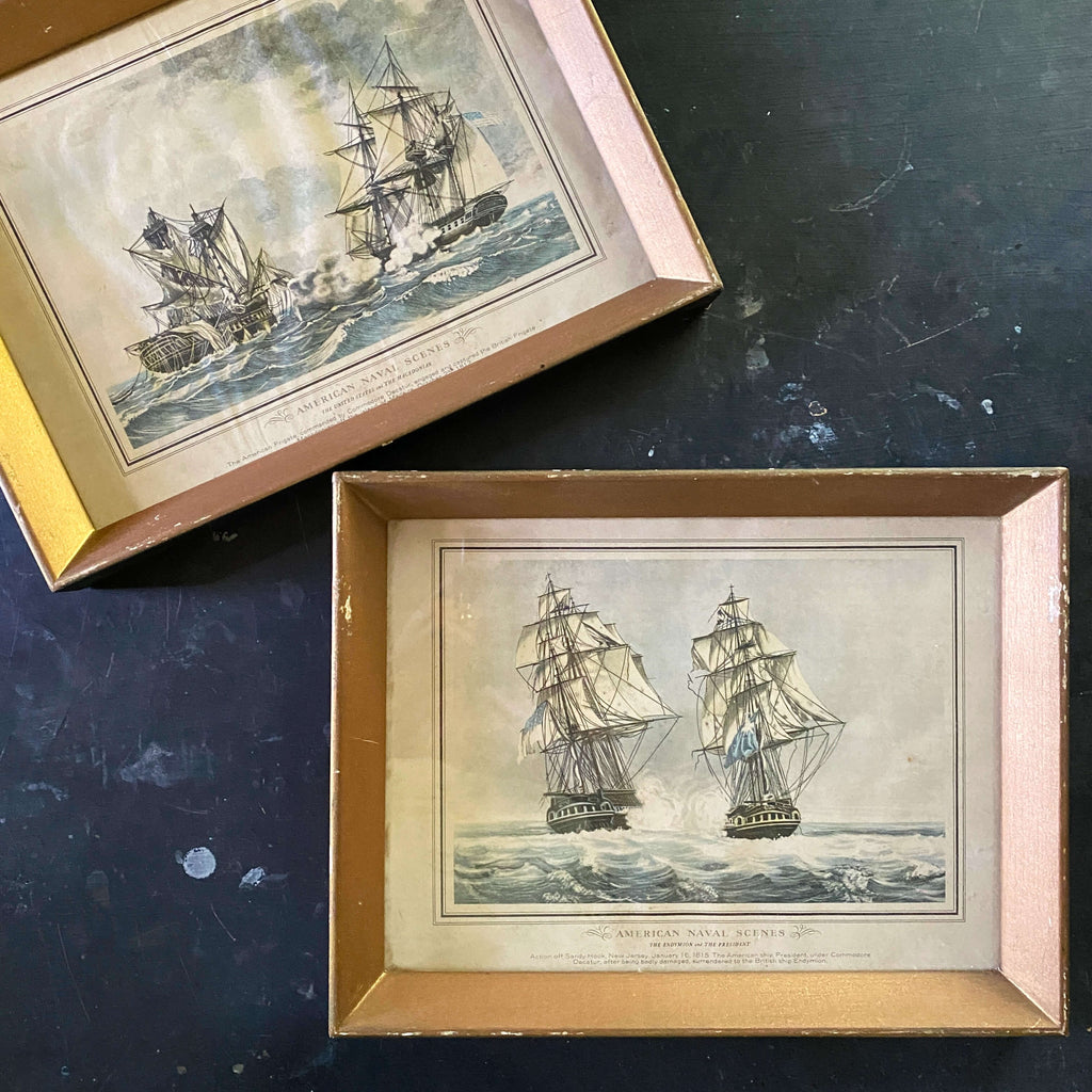 Vintage Framed Nautical Ship Art - 18th Century American Naval Scenes - Pair of Two