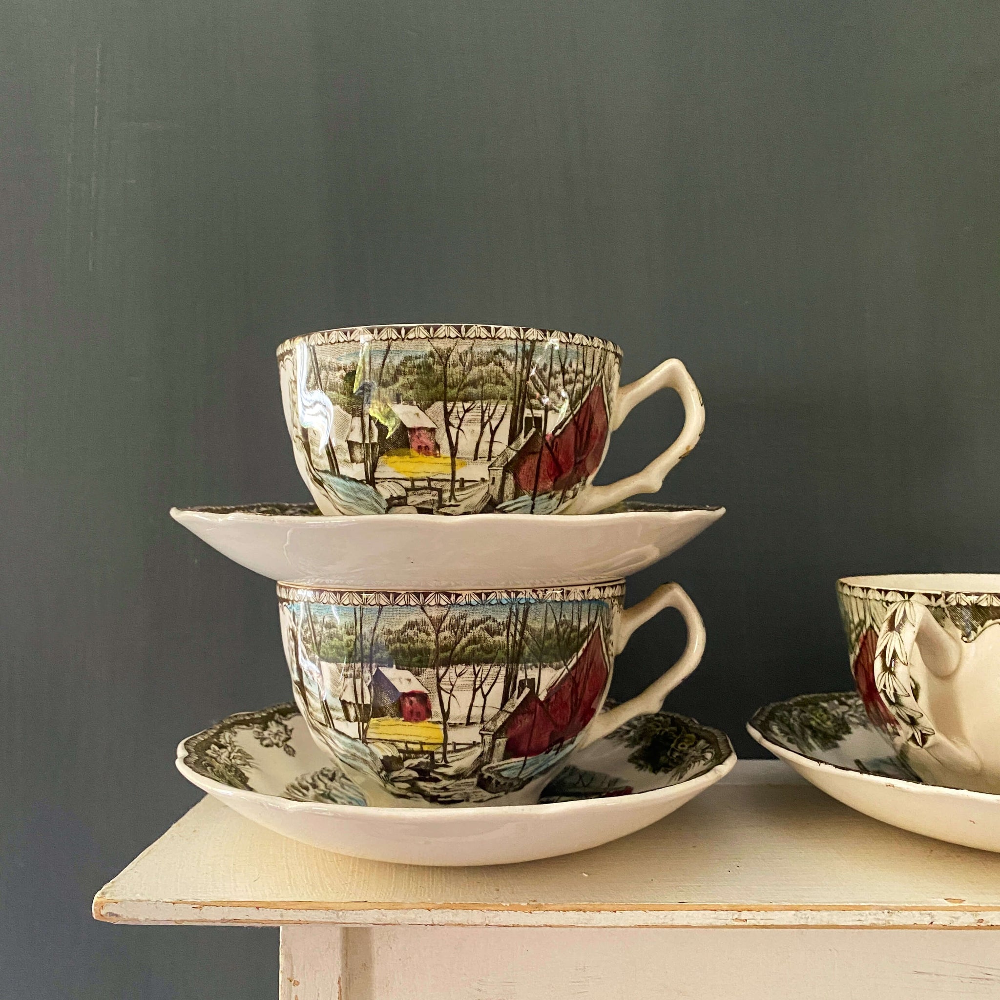 Vintage Friendly Village Ice House Cups & Saucers -  Six Available - Johnson Bros Made in England