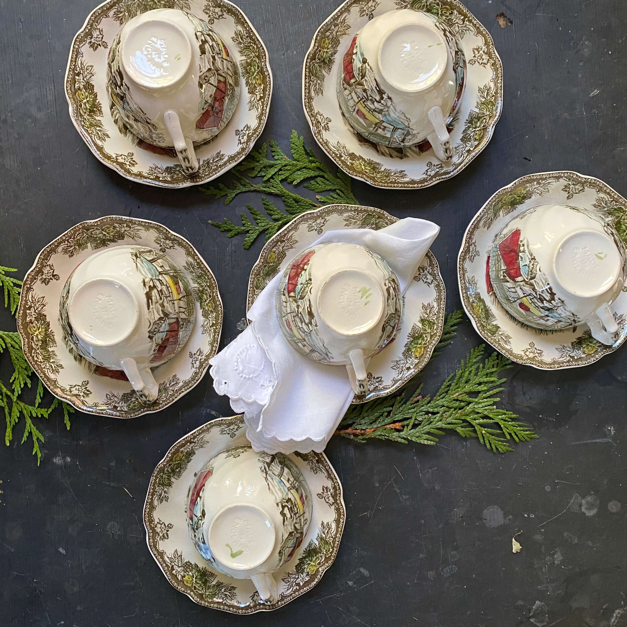 Vintage Friendly Village Ice House Cups & Saucers -  Six Available - Johnson Bros Made in England
