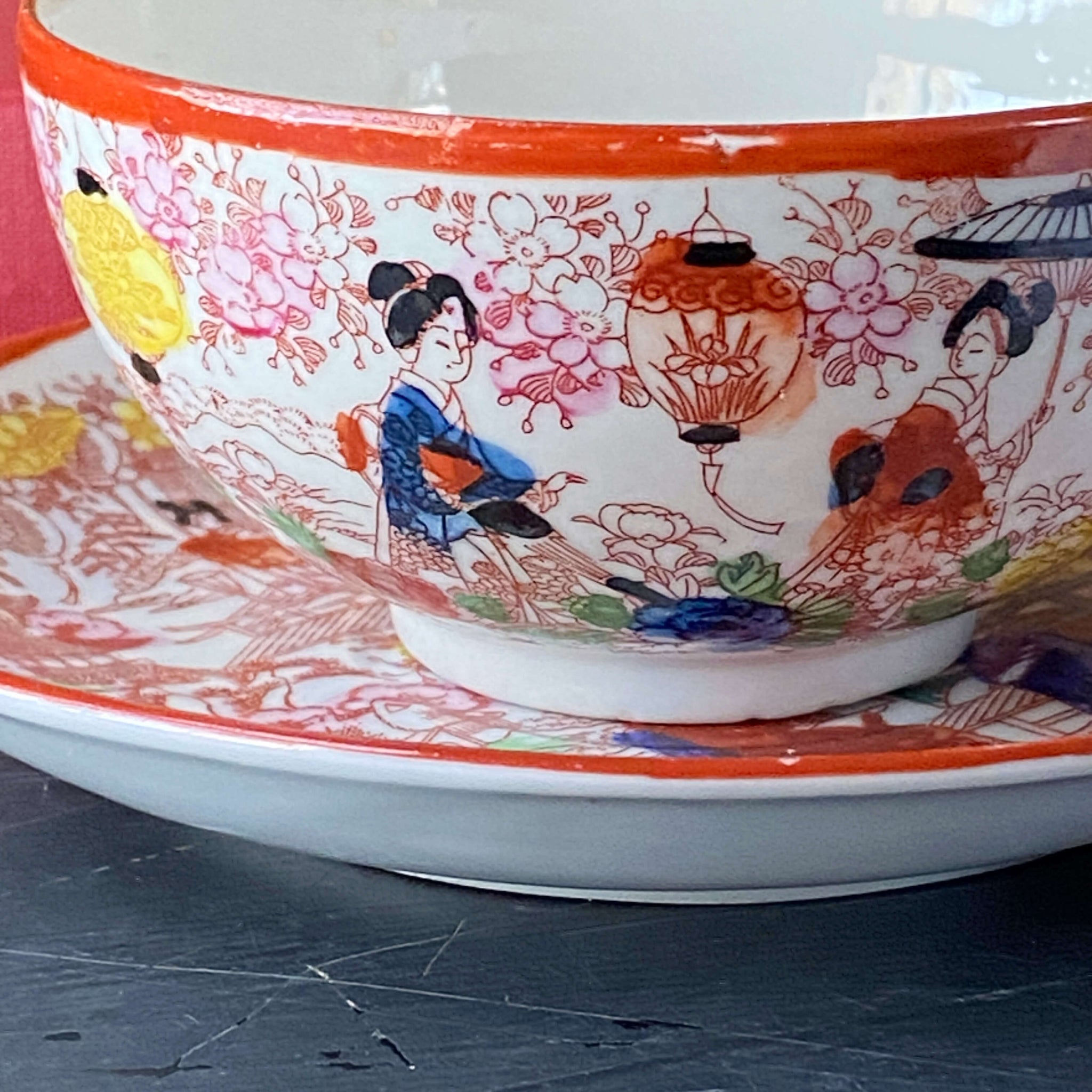 Vintage Takito Japan Cup and Saucer with Cherry Blossoms, Geisha Girls and Asian Pastoral Scene circa 1921-1948