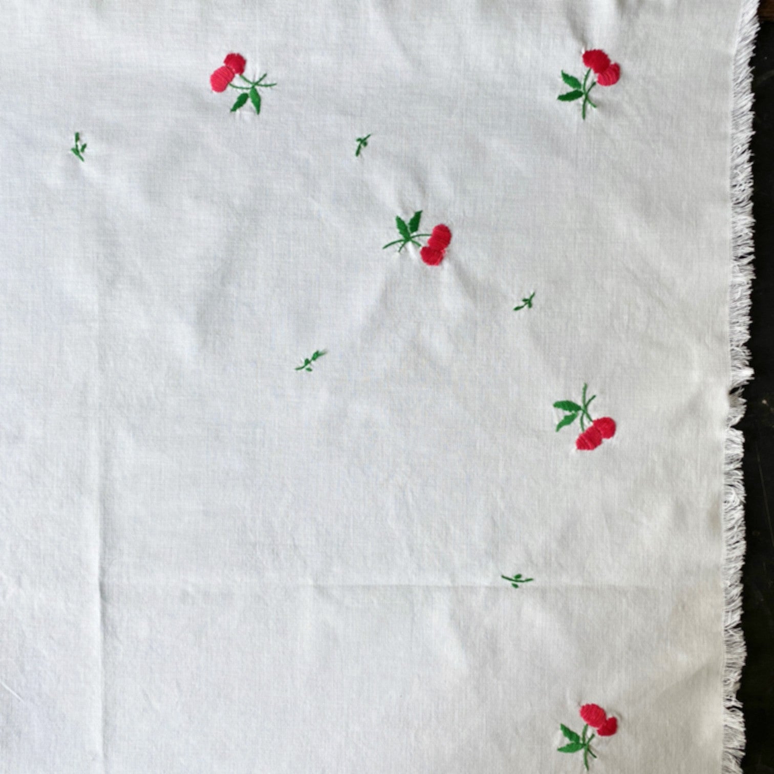 Vintage Embroidered Cherries Tablecloth 35x36