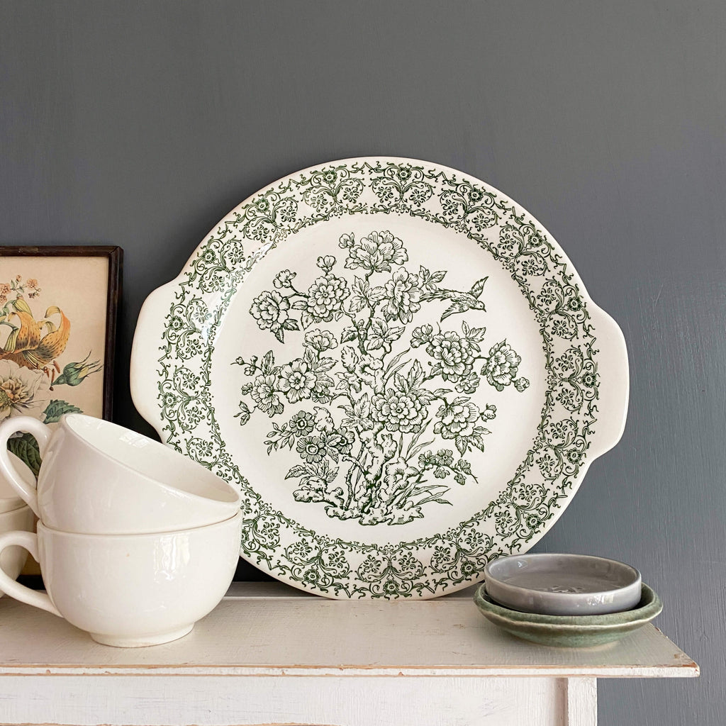Vintage Royal China Cake Plate - Green Floral Bird Pattern circa 1954