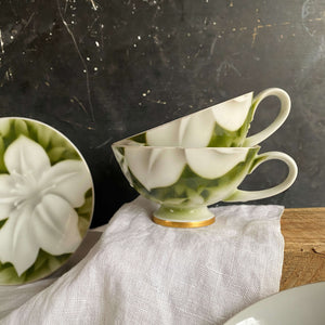 Rare Green and White Porcelain Cups & Saucers by Syunzan - White Lily Flower Design - Five Available