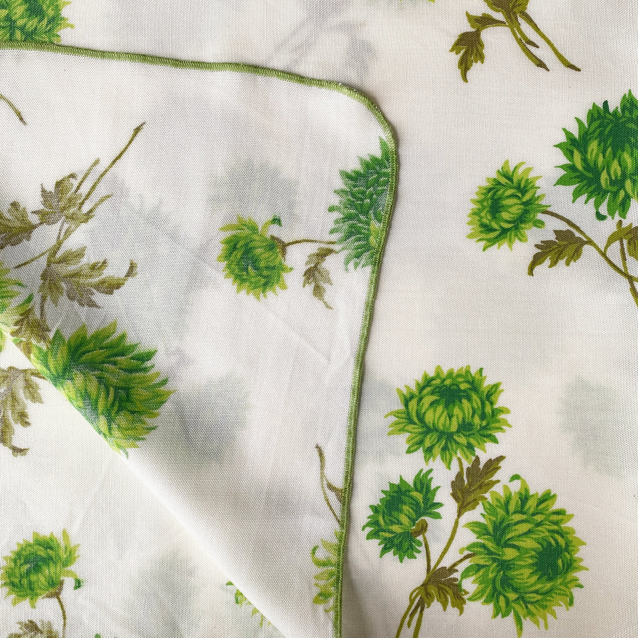 Vintage Green and White Floral Tablecloth with Green Chrysanthemums - 61x80