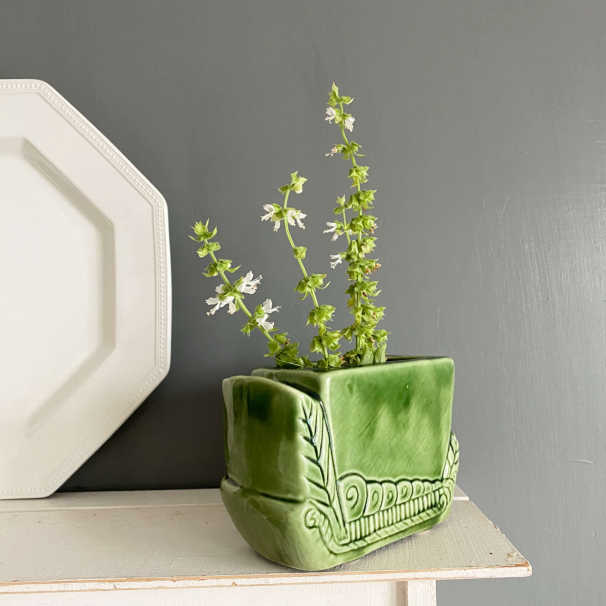 vintage flower pots ceramic Vintage Small Green Pottery Planter Vase with Etched Leaf Designs – In The Vintage Kitchen Shop