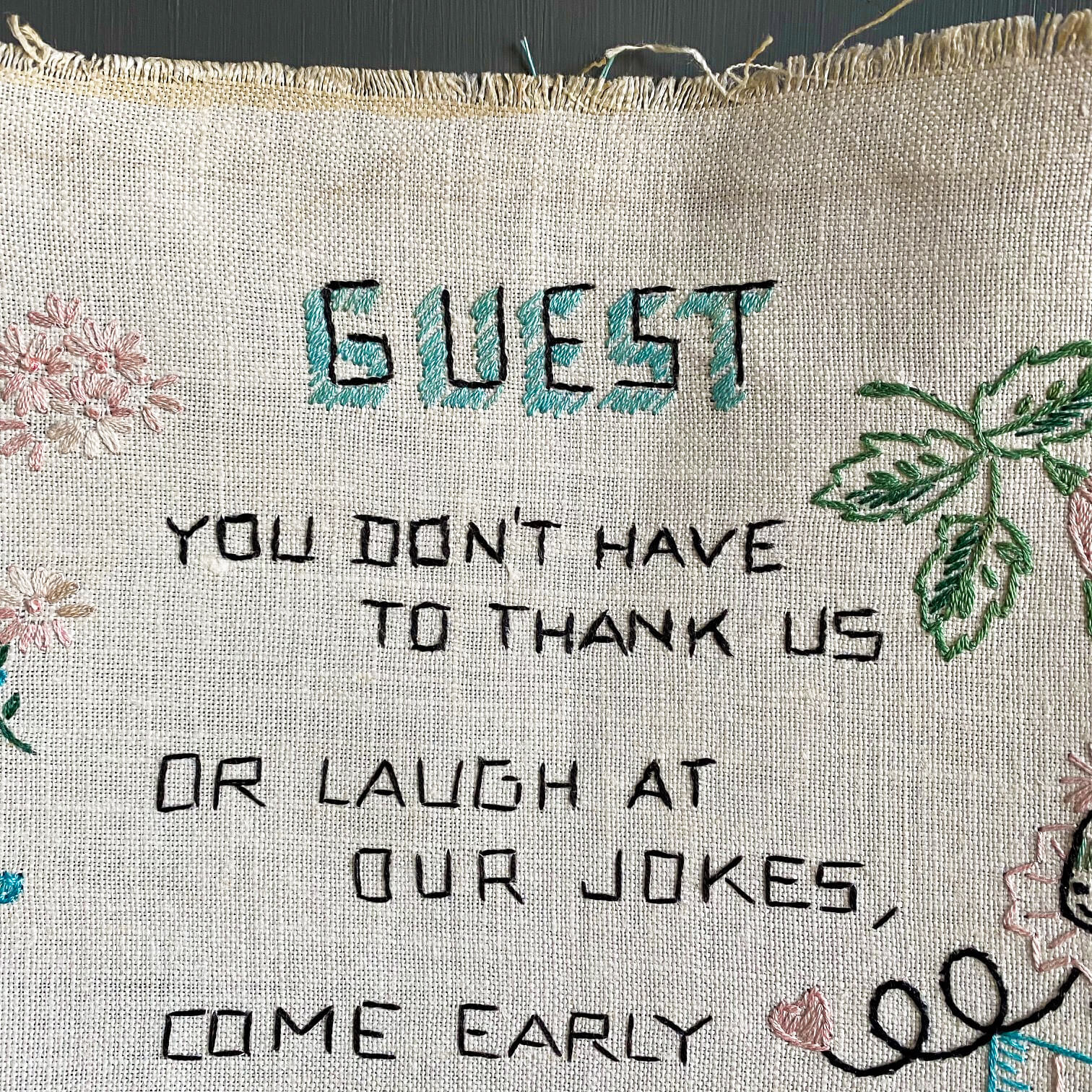 Rare Vintage Embroidery Guest Sign - Handstitched Embroidered Poem - Standing Invitation