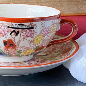 Vintage Takito Japan Cup and Saucer with Cherry Blossoms, Geisha Girls and Asian Pastoral Scene circa 1921-1948
