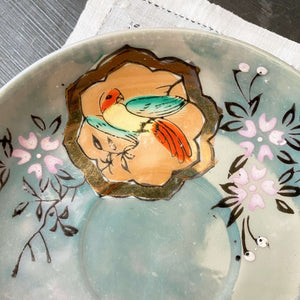 Vintage Japanese Porcelain Grey Lusterware Cup and Saucer with Handpainted Birds circa 1940s-1950s