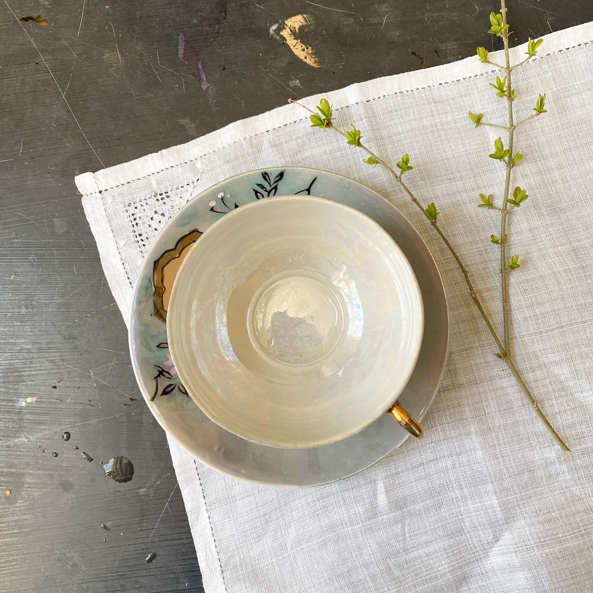 Vintage Japanese Porcelain Grey Lusterware Cup and Saucer with Handpainted Birds circa 1940s-1950s