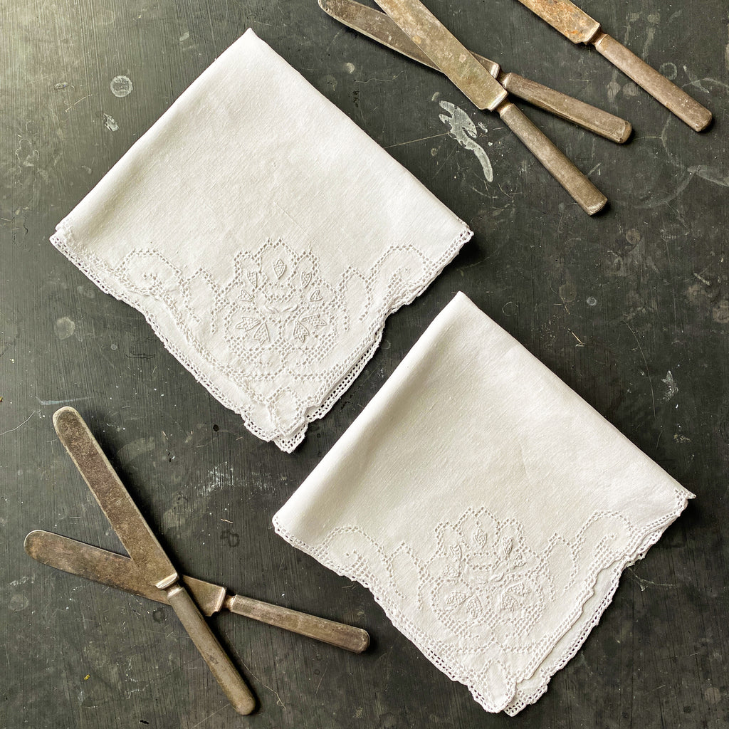 Vintage White Linen Dinner Napkins with Hemstitched Drawn Work and Corner Design - Set of Two