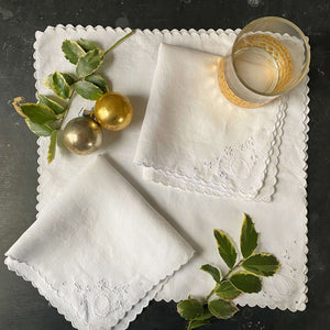 Vintage Embroidered Luncheon Napkins with Broderie Eyelet Flowers and French Knot Design- Set of Four