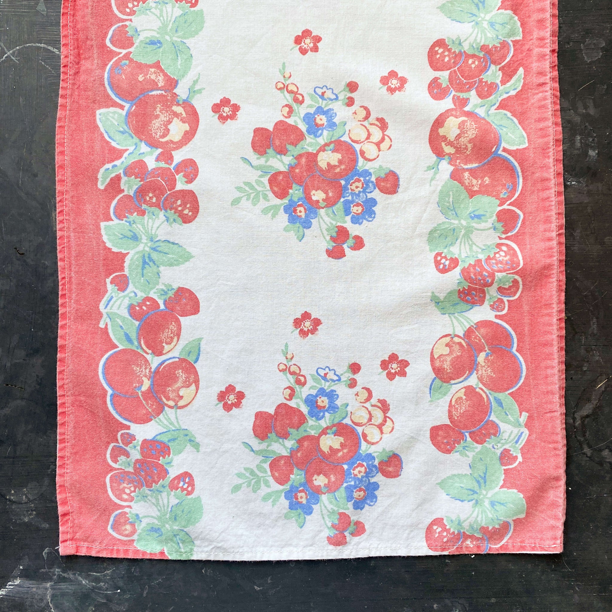 Vintage 1950s Cotton Table Runner with Cherries Strawberries and Blue Flowers 13x34