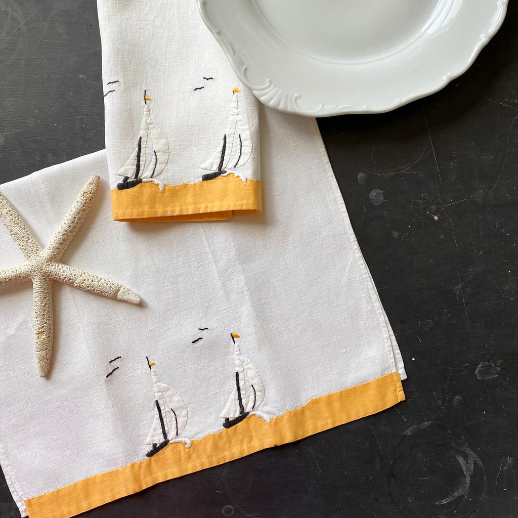 Vintage Embroidered Sailboat Applique Linen Kitchen Towels - Handstitched circa 1940s-1950s - Pair of Two 20x12