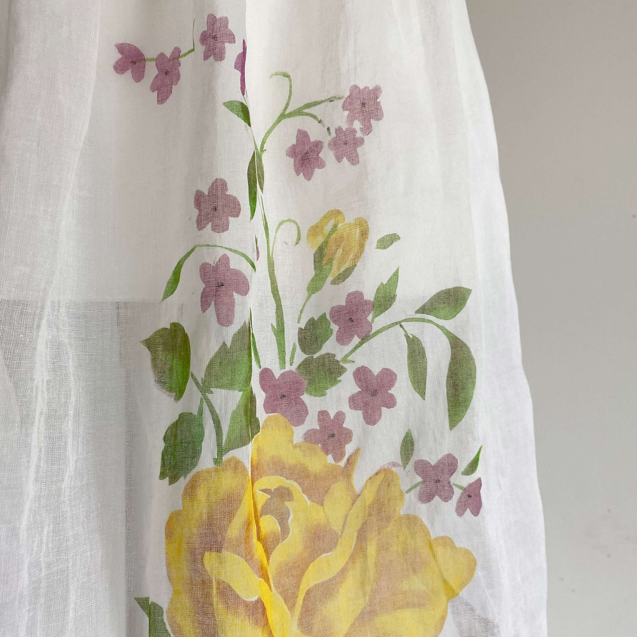 Vintage Organdy Half-Apron with Yellow Roses and Purple Flowers circa 1950s