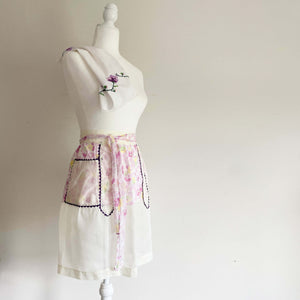 Vintage Sheer Floral Half Apron with Purple Ric Rac