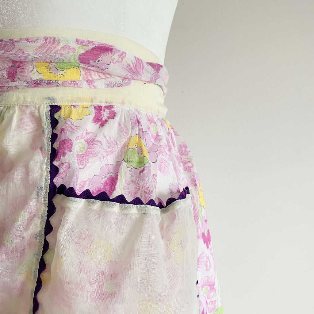 Vintage Sheer Floral Half Apron with Purple Ric Rac