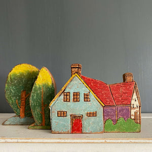 Vintage 1940s Fairylite Wooden House and Trees Toy Set - Reserved for Betty H.