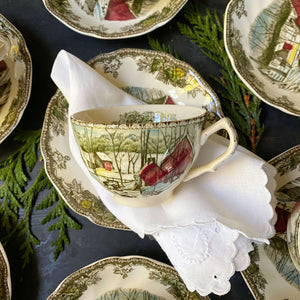 Vintage Friendly Village Ice House Cups & Saucers -  Six Available - Johnson Bros Made in England