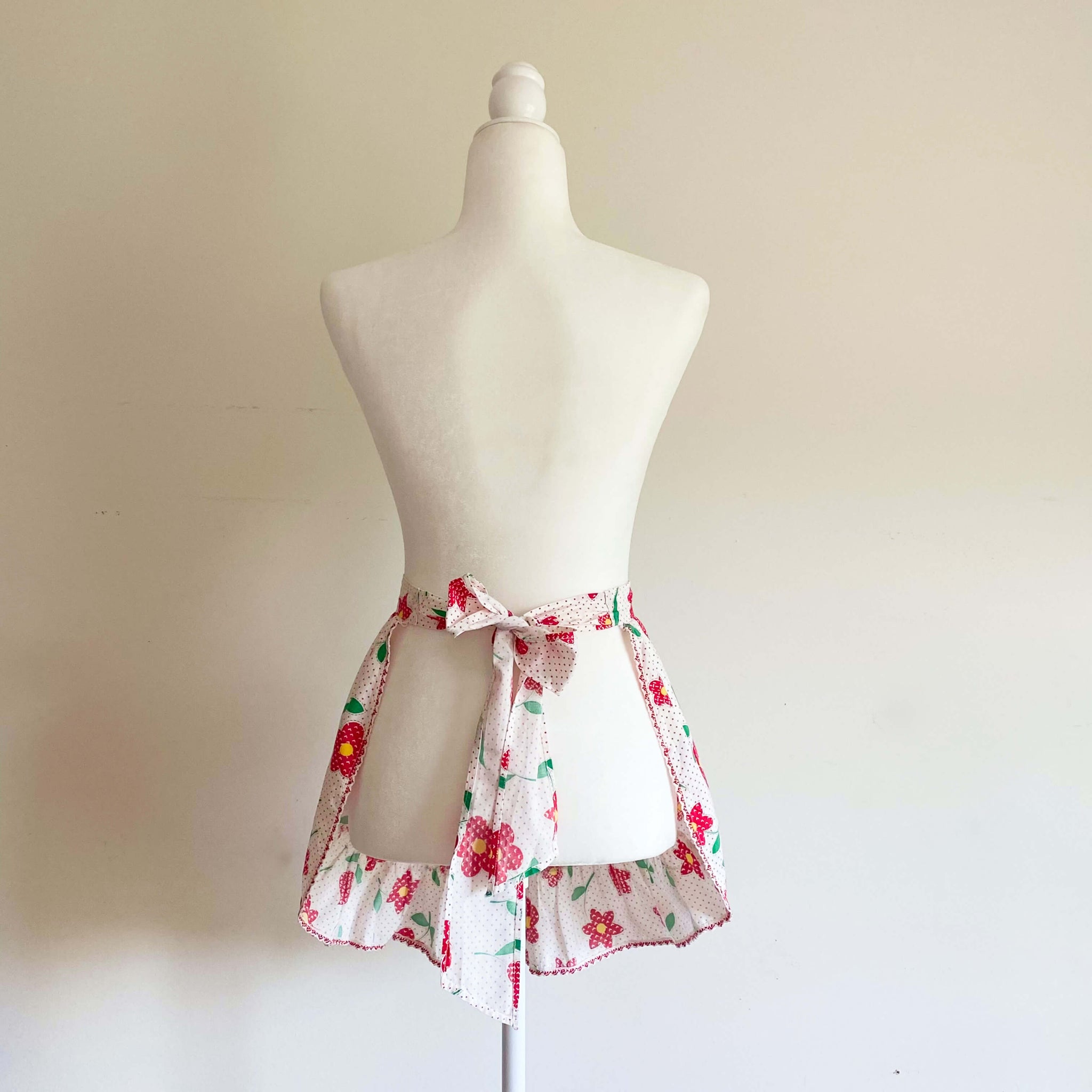 Vintage Red Polka Dot Half Apron with Red Flowers