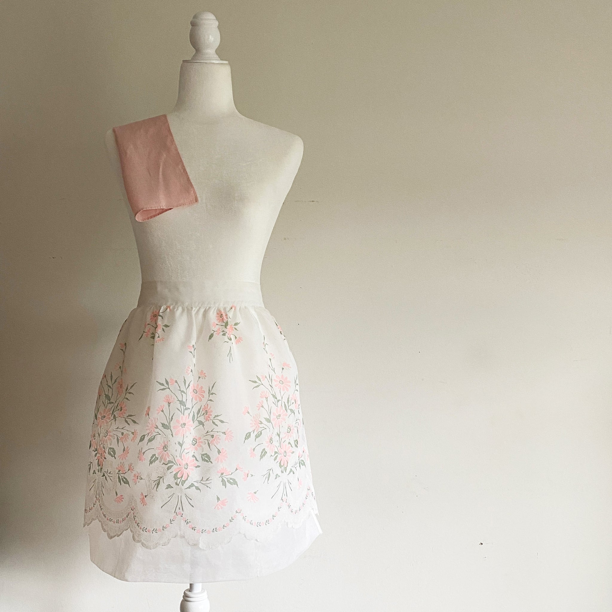 Vintage White Organza Half Apron with Pink Flowers Reversible