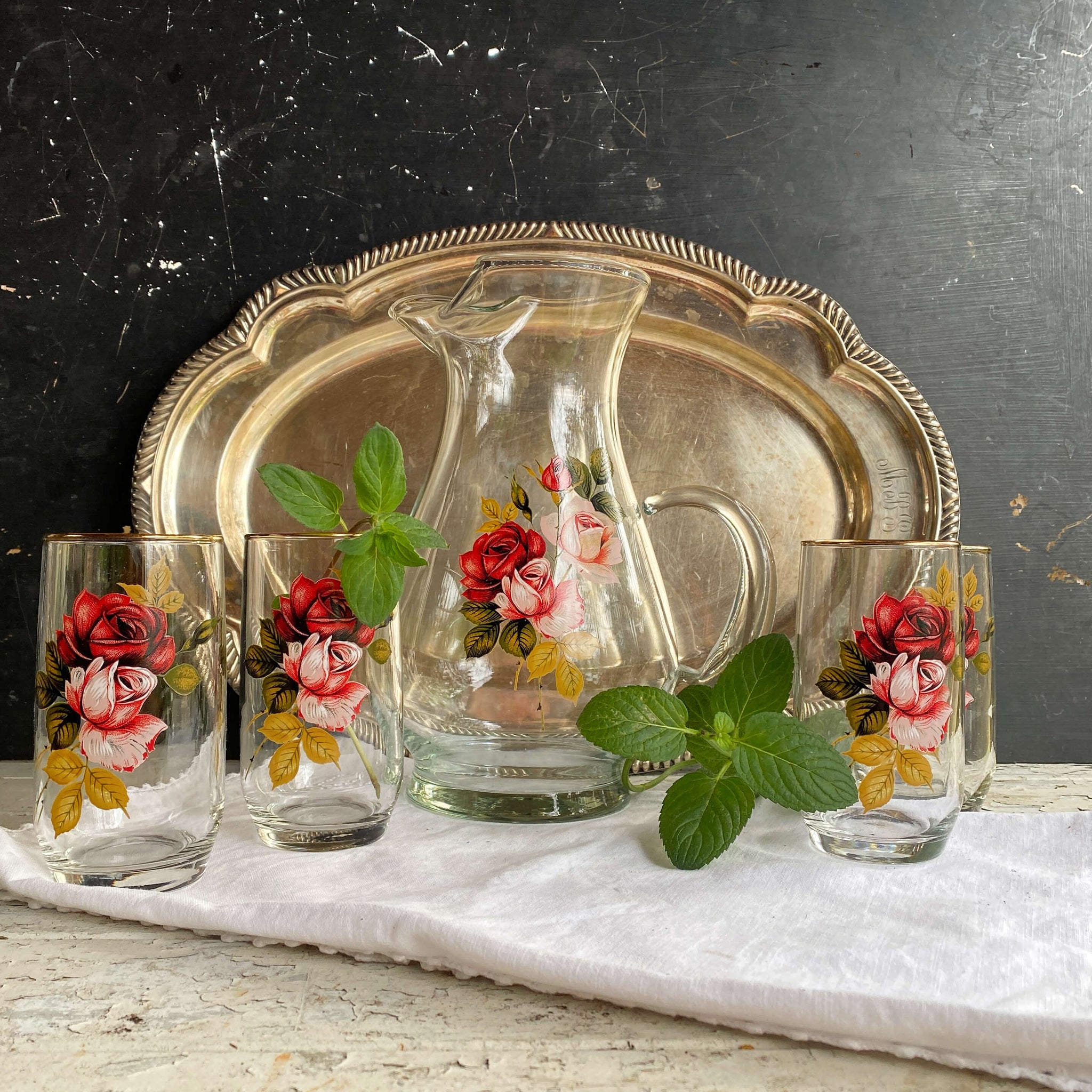 West Virginia Glass Yellow Roses Pitcher Set